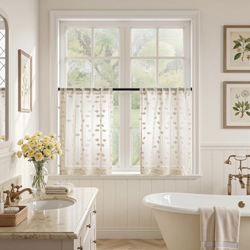 MYSKY HOME Beige Sheer Curtains 24 inch Length for Small Window,2 Panels - color: 1-wood Beige, size: 26"W x 24"L (Pack of 2)