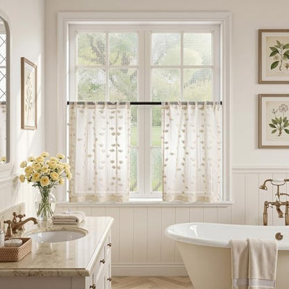 MYSKY HOME Beige Sheer Curtains 24 inch Length for Small Window,2 Panels - color: 1-wood Beige, size: 26"W x 24"L (Pack of 2)