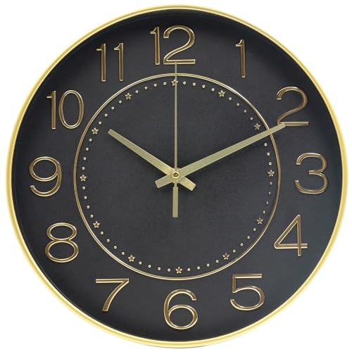 HZDHCLH 12 Inch Modern Wall Clock Battery Operated Silent Non Ticking - color: Black and Gold, size: 12 Inch