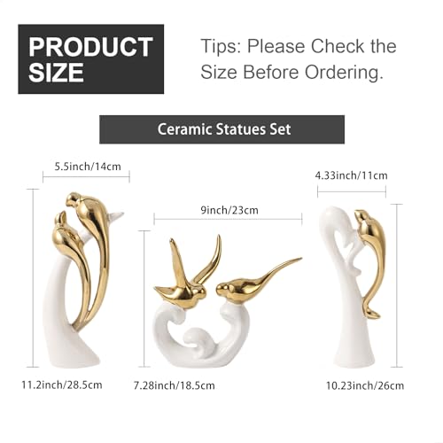 Ceramic Statues Set of 3, Birds and Base Sculpture Modern Home Decor - color: White and Gold