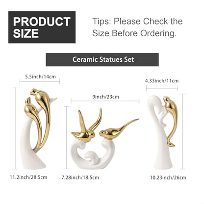 Ceramic Statues Set of 3, Birds and Base Sculpture Modern Home Decor - color: White and Gold