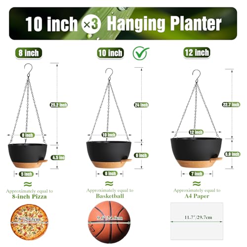 10 Inch Self-Watering Hanging Planters Set of 3 with Saucers - color: Black Brown, size: 10 Inch 3 Pack