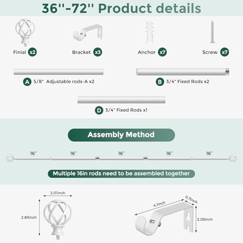 VOIIY White Curtain Rod 36-72 Inch, Adjustable Curtain Rods for Windows - color: White, size: 36"-72"|1 Pack