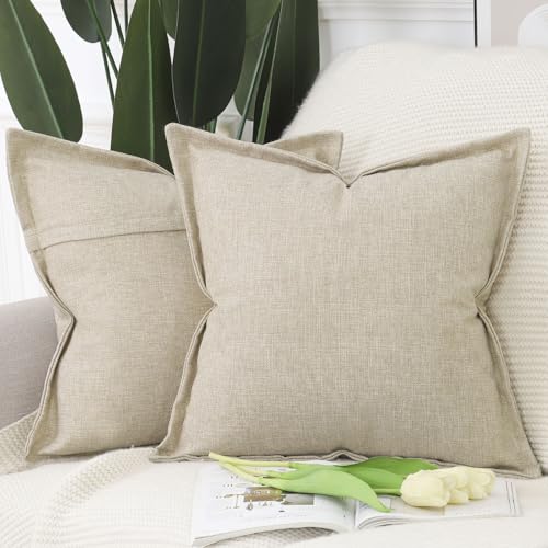 MADIZZ Pack of 2 Faux Rustic Linen Throw Pillow Covers with Flange Edge Soft Boho Natural Decorative Pillowcases for Sofa Living Room Modern Throw Pillows for Bed 16x16 Inch Beige - color: Beige, size: 16" x 16" (Pack of 2)