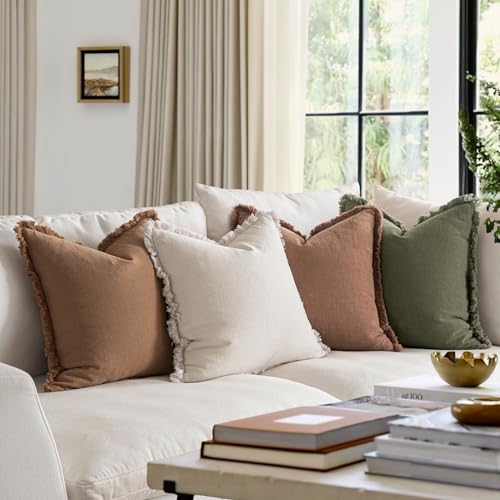 MIULEE Fall Linen Fringe Pillow Covers Set of 4 20x20 Beige/Brown/Green - color: Brown Green, size: 20" x 20" (Pack of 4)