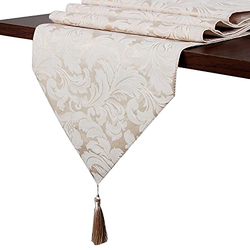 EHouseHome Jacquard Damask Reversible Beige Table Runners with Tassels 13 x 72 inch Wrinkle and Water Resistant Spill-Proof Decorative Dining and Wedding Runners - color: Beige With Tassels