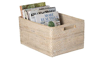 KOUBOO Loma Rectangular Rattan Storage Basket with Handles, White Wash - color: Latte