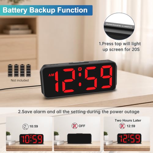 Peakeep Small Digital Alarm Clock for Bedroom, Large Number, Battery Backup - color: Red Digits (Plug-in, Ultra-compact)