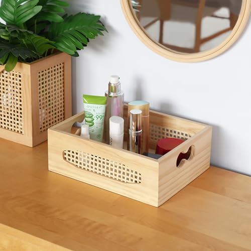 Wooden Rattan Storage Baskets with Handles, Set of 2