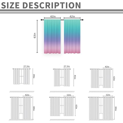 Teal Pink Curtains, Ombre, 2 Panels, 42" W x 63" L, Rod Pocket - color: Teal Pink, size: 42"W x 63"L (Pack of 2)
