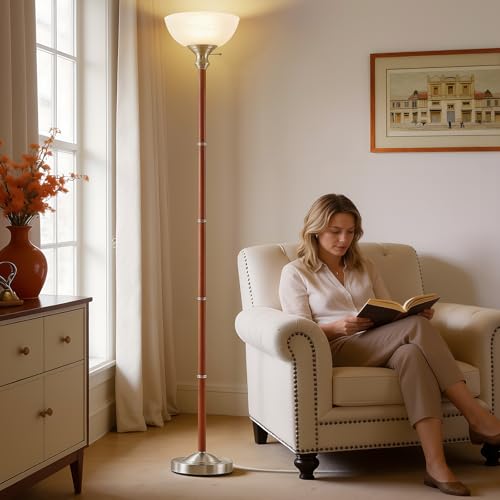 EJIAXIN 72" Wood Torchiere Floor Lamp with Glass Shade Nikel Standing Lamp - color: Brushed Nikel