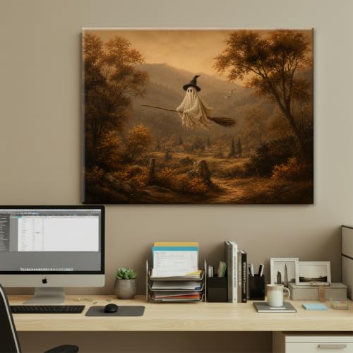 Halloween Wall Art Decor, Ghost Witch Broom Canvas Print Framed 8x10 Inch - color: I