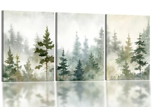 Framed Misty Forest Canvas Wall Art 12x16 Rustic Woodland Decor | Watercolor forest painting prints picture poster on canvas, rustic woodland decor, ready to hang for living room bedroom - color: Green, Brown, Beige, White, size: 12"L x 16"W