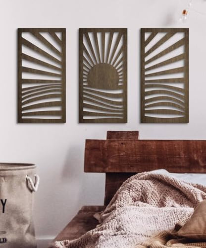 Putuo Decor 중세 목재 모던 벽 아트 3개 세트, 일출 풍경 벽 장식 자연에서 영감을 받은 기하학적 아트워크, 거실, 침실, 입구용, 다크 브라운 모던 벽 조각 - color: 선라이즈 웨이브