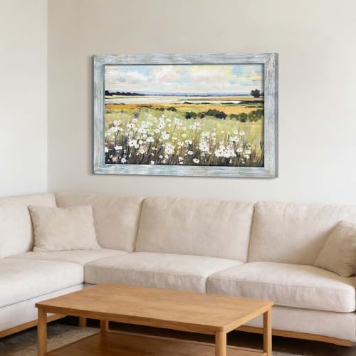 summer melody Landscape Floral Scenery Framed Wood Wall Art 45x30 Inch - color: Green, size: 45"L x 30"W