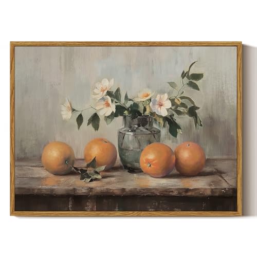 ARPEOTCY Framed Canvas Wall Art, Vintage Kitchen Picture Decor, Rustic Farmhouse Cottagecore Shelf Decor, Oranges Still Life Painting, 12x16inch - color: Oranges in a Vase, size: 16"L x 12"W