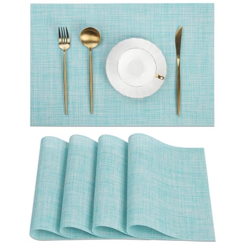 SHACOS Placemats Set of 4 Woven Vinyl Place Mats Wipeable Heat Resistant Washable Plastic Table Mats Indoor Outdoor, Blue - color: Blue, size: Set of 4