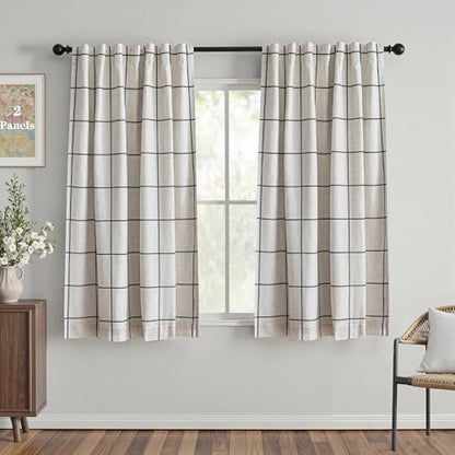 MYSKY HOME 100% Blackout Plaid Linen Curtains 63 Inches Long Double Layer Farmhouse Thermal Insulated Checkered Print Drapes with Rod Pocket Back Tab for Bedroom Living Room, 2 Panels, 52"Wide, Black - color: Black, size: 52"W x 63"L (Pack of 2)