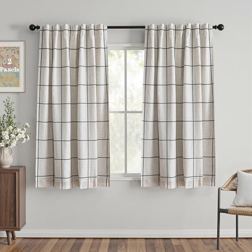 MYSKY HOME 100% Blackout Plaid Linen Curtains 72 Inches Long Double Layer Farmhouse Thermal Insulated Checkered Print Drapes with Rod Pocket Back Tab for Bedroom Living Room, 2 Panels, 52"Wide, Black - color: Black, size: 52"W x 72"L (Pack of 2)
