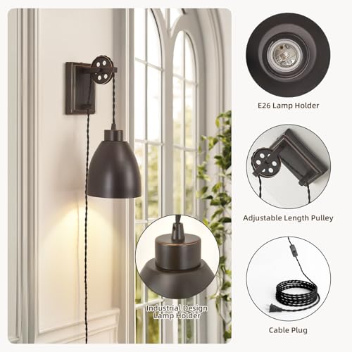 8FT Plug in Wall Sconces Pulley Wall Lamps, Oil Rubbed Bronze - color: Oil-Rubbed Bronze