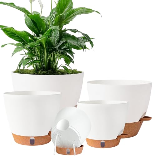 Self Watering Pots for Inoor Ourdoor Plants 10/9/8/7/6.5" Plastic Planters - color: White, size: 10/9/8/7/6.5 Inch