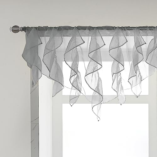 PearAge Ruffled Voile Semi Sheer Curtain Valance, Kitchen Living Room Shabby Chic Ruffle Valance Curtains, Girls Daughters Bedroom Cascade Window Valance 52x26 Inches (Grey-Triangle) - color: Grey