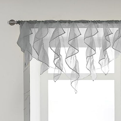 PearAge Ruffled Voile Semi Sheer Curtain Valance, Kitchen Living Room Shabby Chic Ruffle Valance Curtains, Girls Daughters Bedroom Cascade Window Valance 52x26 Inches (Grey-Triangle) - color: Grey
