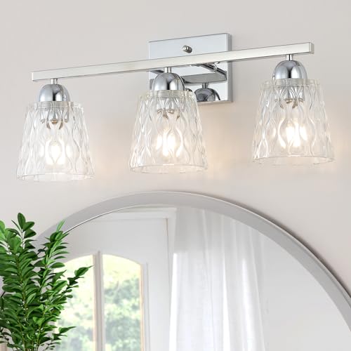 Mecgirn Stainless Steel Bathroom Vanity Light Over Mirror, 3 Light Polished Chrome Bathroom Light Fixtures with Textured Glass Shades, Modern Vanity Lighting Wall Mount - color: Polished Chrome, size: 3 Light