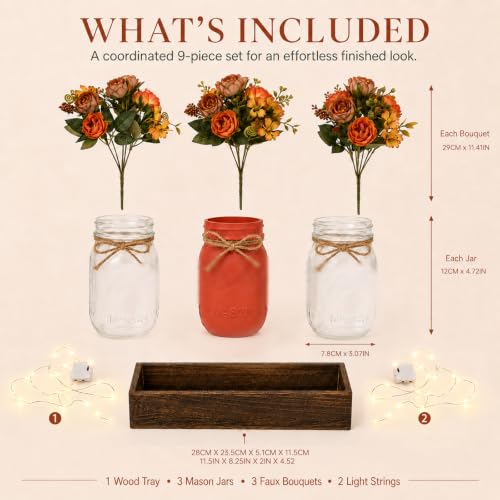 Fall Mason Jar Table Centerpieces with LED Fairy Lights, Fall Decor - color: Jar-fall