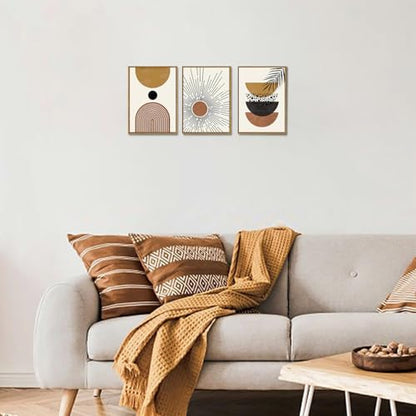 Boho Abstract Sun Framed Canvas Wall Art Set of 3, 12x16 inch - color: Boho Sun, size: 12"x16"Natural