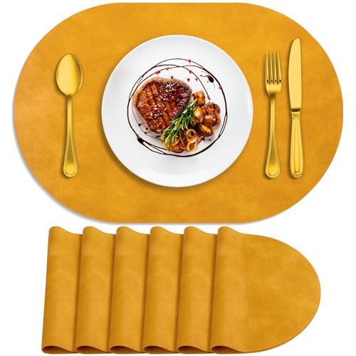 ADRIMER Oval Placemats Set of 6, Wipeable Faux Leather, Yellow - color: Yellow