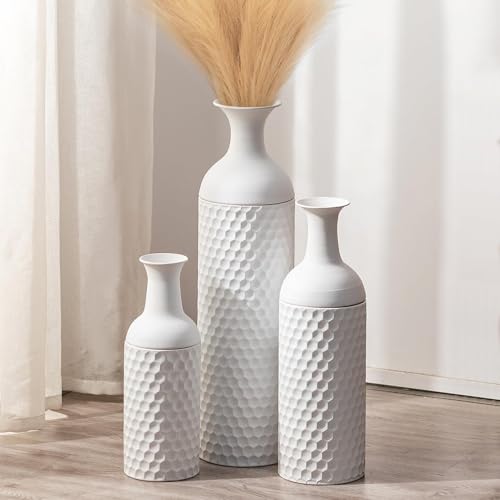 Sziqiqi White Tall Floor Vase, Metal Vases with Honeycomb Texture, 3Pcs - color: White
