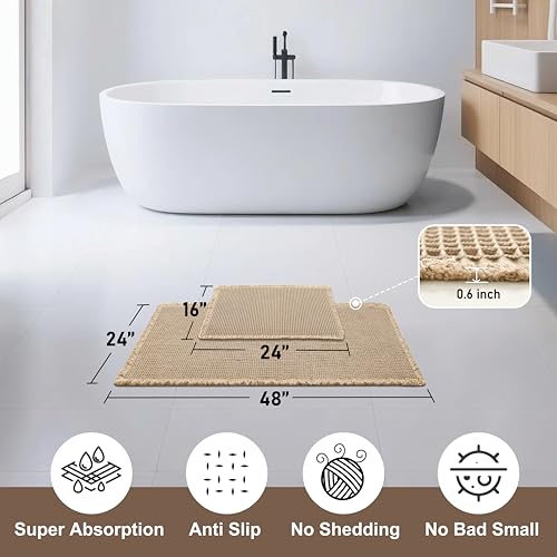 JIUZHEN Set of 2 Waffle Bathroom Rugs Non Slip Bath Mats 16"x24"+24"x48" - color: Brown, size: 16"x24" + 24"x48"