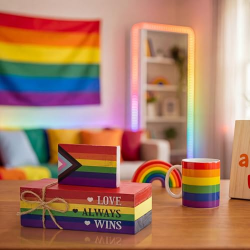 Smile Pride Month "Love Always Wins" Wooden Tabletop Decor - LGBTQ+ Progress Pride Rainbow Desktop Plaque Indoor Home & Office Decor Gay Pride Gift Idea - style: LGBT