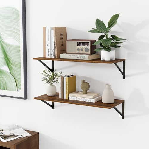 Heimlove 28W x 12D Deep Floating Shelves Set of 2 Walnut - color: Walnut With Black Metal Bracket, size: 28Wx12Dx5.8H