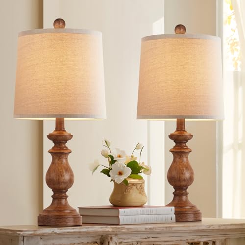 PARTPHONER Traditional Table Lamp Set of 2, Rustic Farmhouse Table Lamps for Living Room Bedroom, 22" Bedside Desk Lamps Vintage Nightstand Lamps with Linen Shades, Wood Grain - color: Wood Grain, size: 22 Inch
