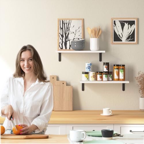 RICHER HOUSE Rustic Wood Floating Shelves, 2-Set Wall Mounted Shelves, 16In - color: White