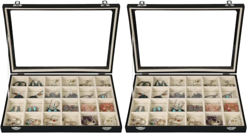 Stratalife Jewelry Tray 24 Grid Earring Organizer with Clear Lid Jewelry Holder Organizer Jewelry Organizer Box Jewelry Storage Crystal Holder For Stones Display (Beige Black) (Pack of 2) - color: Beige-Black, size: 24 Grid (Pack of 2)