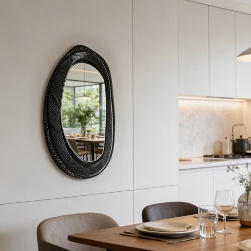 POZINO 40"X20" Irregular Wall Mirror, Black Asymmetrical Wood Mirror - size: 40"L x 20"W