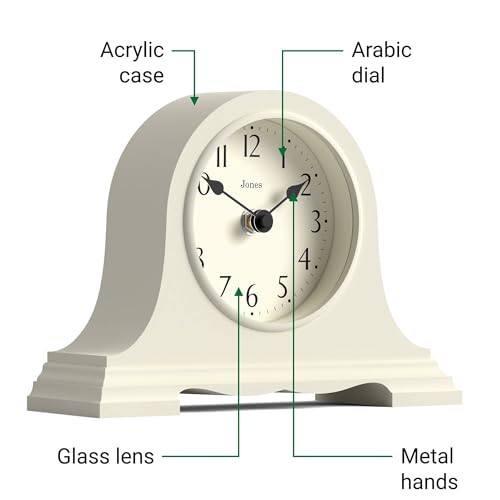 JONES CLOCKS® Speakeasy Small Mantel Clock | Classic Napoleon’s hat Design | Pale Cream | Contemporary Classic Style for Desk, Table, Shelf or Bedside - color: Linen White