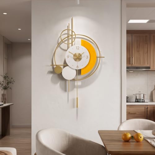 Cuspin Modern Wall Clock with Pendulum, Geometric Metal Decorative Clocks - color: Gold White Orange