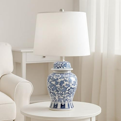 Temple Jar Accent Table Lamp with Blue & White Floral Pattern – Ceramic Stoneware Decorative Lamp with White Lampshade – Elegant Home Decor for Any Room, 14"x25"