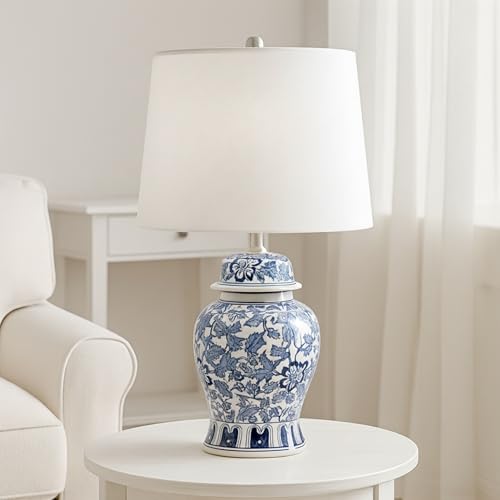 Temple Jar Accent Table Lamp with Blue & White Floral Pattern – Ceramic Stoneware Decorative Lamp with White Lampshade – Elegant Home Decor for Any Room, 14"x25"