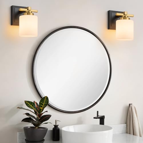 Modern Bathroom Light Fixtures Over Mirror, Vanity Lights for Bathroom Wall Sconces with Milky White Glass Shades, E26 Socket (Bulbs Not Included), 1 Light, Black Gold - color: Black Gold, size: 4.72 inch-1-Light