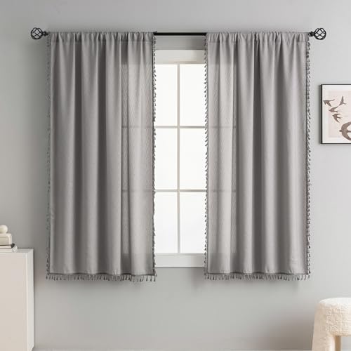 Small Window Curtains Tassel Fringe Geometric Design Boho Curtains 54 Inch Length 2 Panels Set, W40 x L54, Grey - color: Wave Grey, size: 40"W x 54"L (Pack of 2)