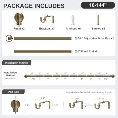 Antique Bronze Curtain Rods 16-144 Inch Heavy Duty 1 Inch Diameter - color: Bronze, size: 16"-144"|1 Pack