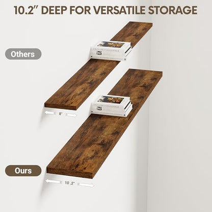 Vivelove 10 Inch Deep Floating Shelves for Wall 55” Set of 2, Rustic Brown - color: Rustic Brown, size: 55”wx10.2”dx1.5”h