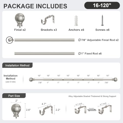 Brushed Nickel Curtain Rods 16-120 Inch Heavy Duty 1 Inch Diameter - color: Nickel, size: 16"-120"|1 Pack