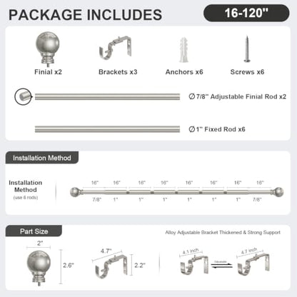 Brushed Nickel Curtain Rods 16-120 Inch Heavy Duty 1 Inch Diameter - color: Nickel, size: 16"-120"|1 Pack