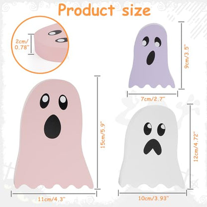3 Pack Pink Halloween Ghost Decor, Wooden Tabletop Decorations for Home